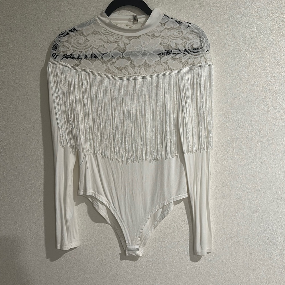White Lace Embellished‎ Bodysuit with Bib Collar